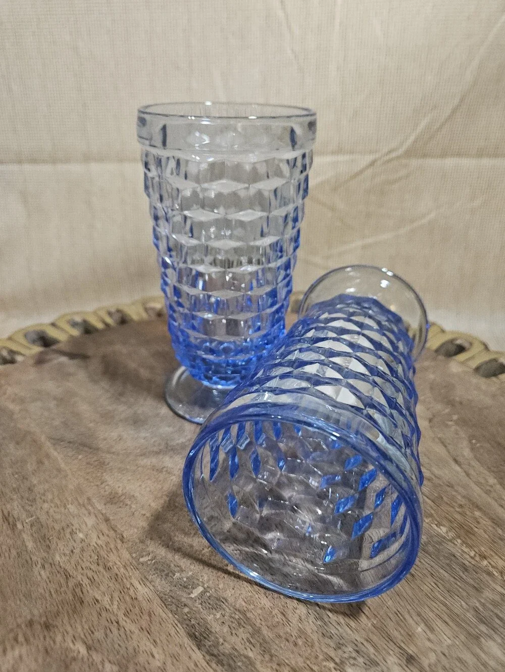 Vintage Indiana Colony Whitehall Light Blue Cubist Footed Ice Tea Glasses Set 2